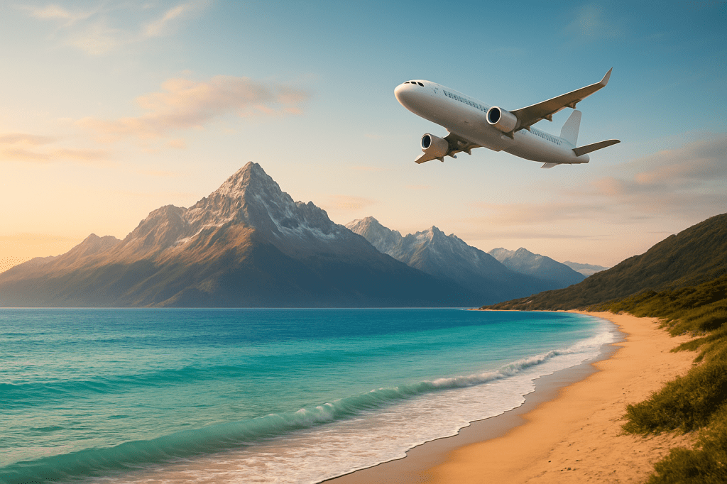 Airplane flying over tropical beach