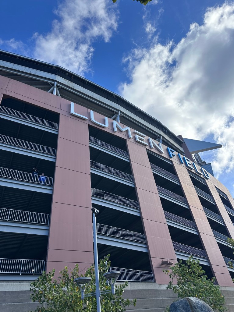 Lumen Field exterior signage and stadium structure in Seattle Washington