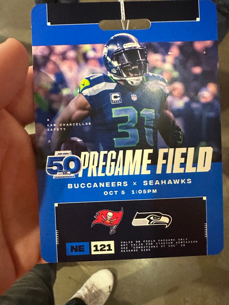Seattle Seahawks pregame field pass for Buccaneers vs Seahawks game at Lumen Field